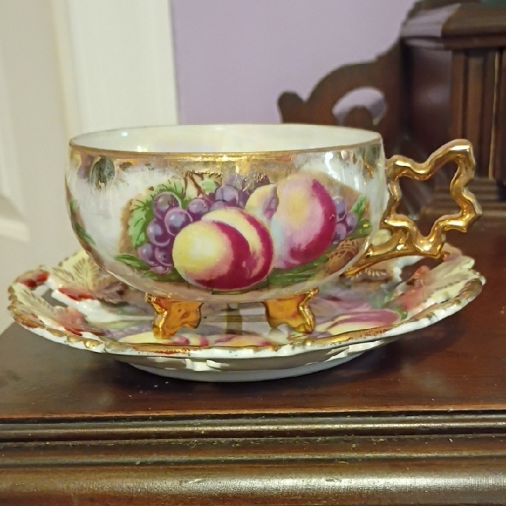Vintage Fruit Design Teacup and Saucer with Gold Accents